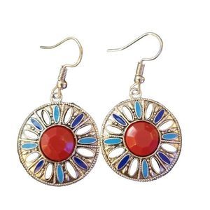 Bohemian Silver Alloy with Blue Enamel Dangle Earrings